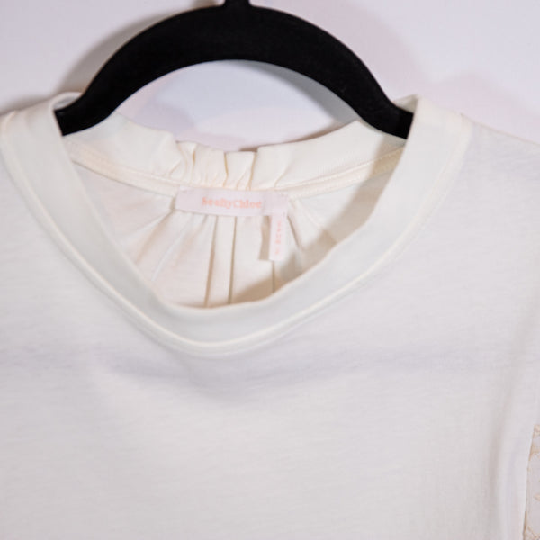 See By Chloe Powder White Butterfly Floral Flower Long Sleeve Cotton Tee Shirt