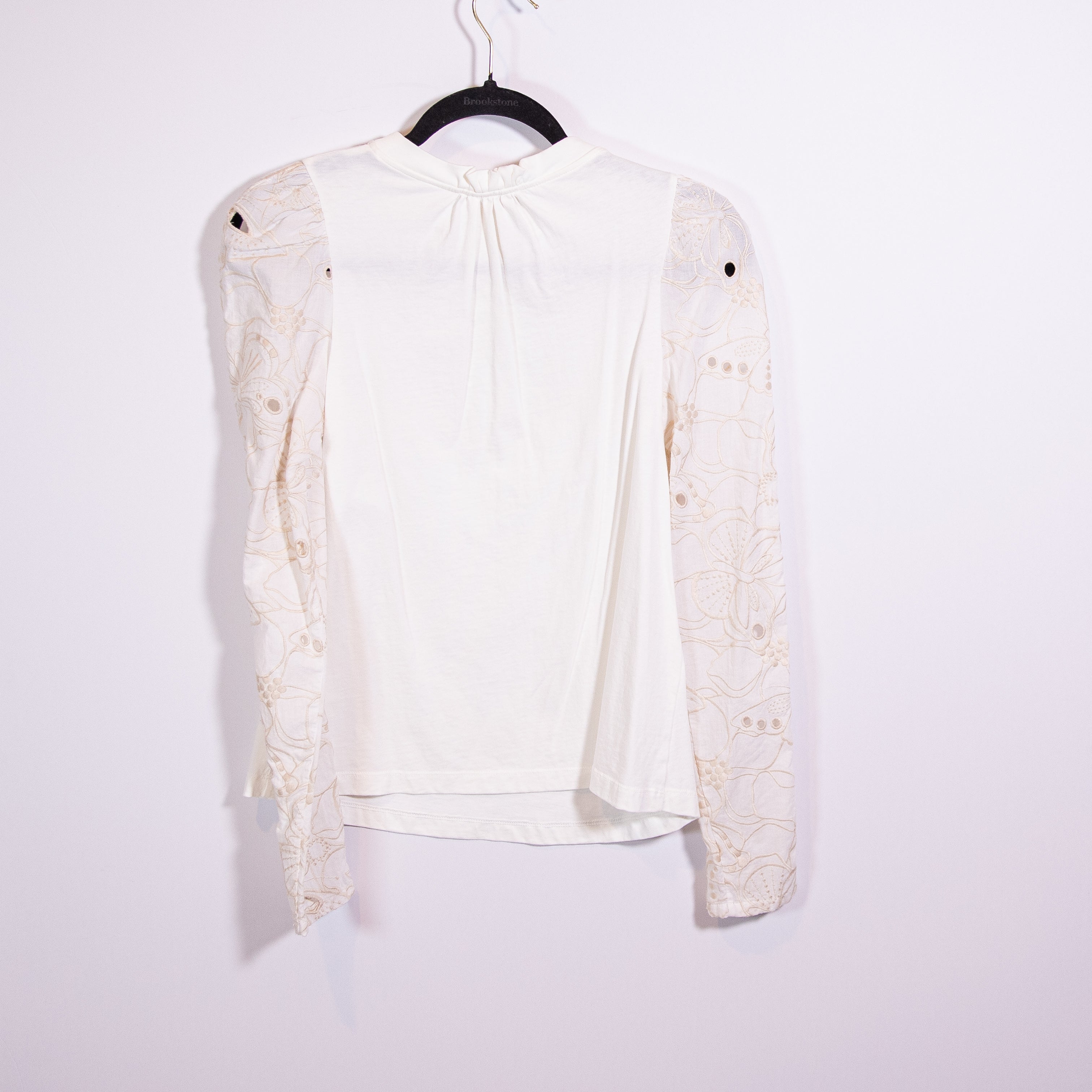 See By Chloe Powder White Butterfly Floral Flower Long Sleeve Cotton Tee Shirt