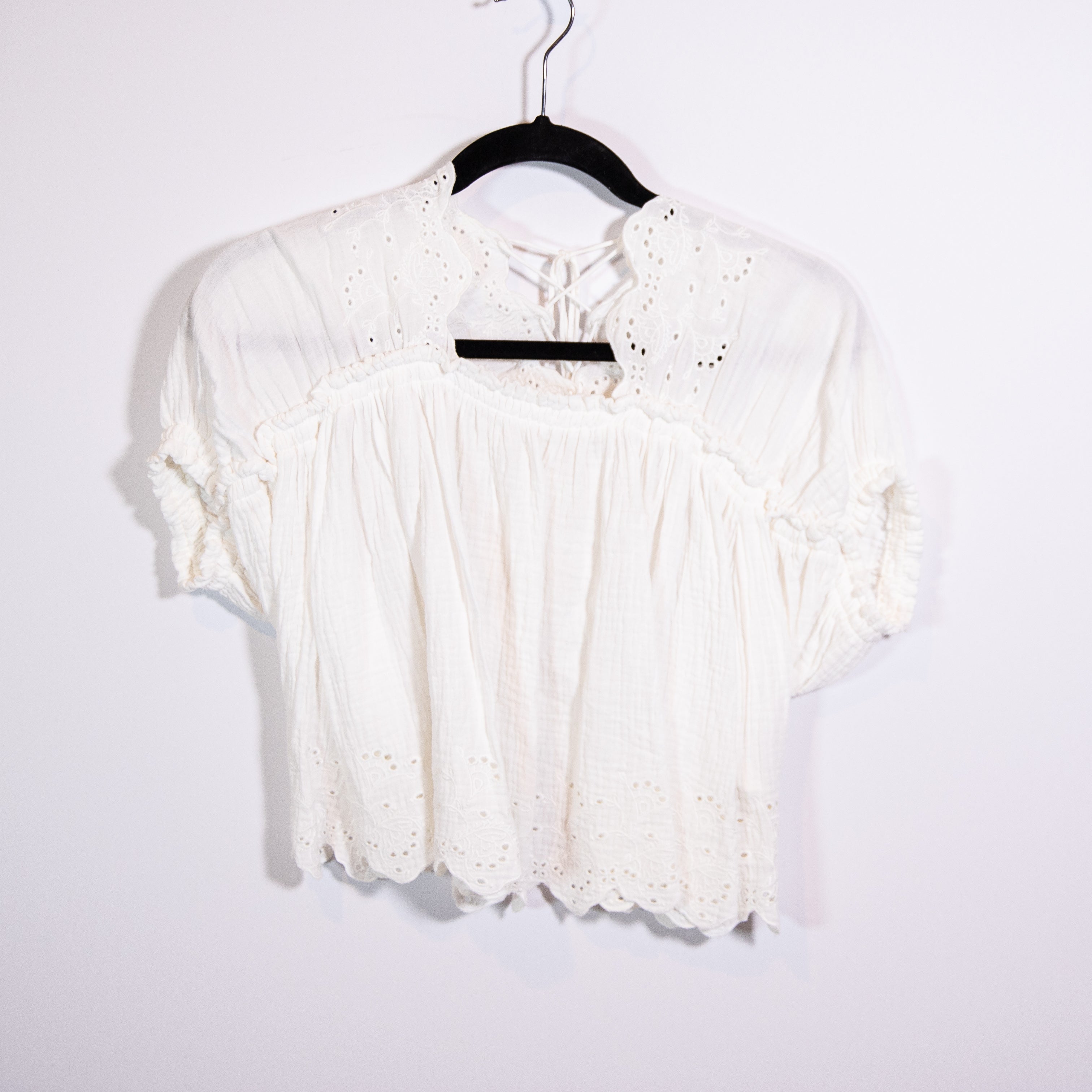 Free People Cotton Eyelet Lace Ruched Seams Lightweight Lace Up Blouse Shirt Top