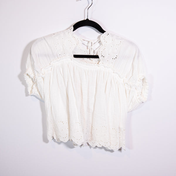 Free People Cotton Eyelet Lace Ruched Seams Lightweight Lace Up Blouse Shirt Top