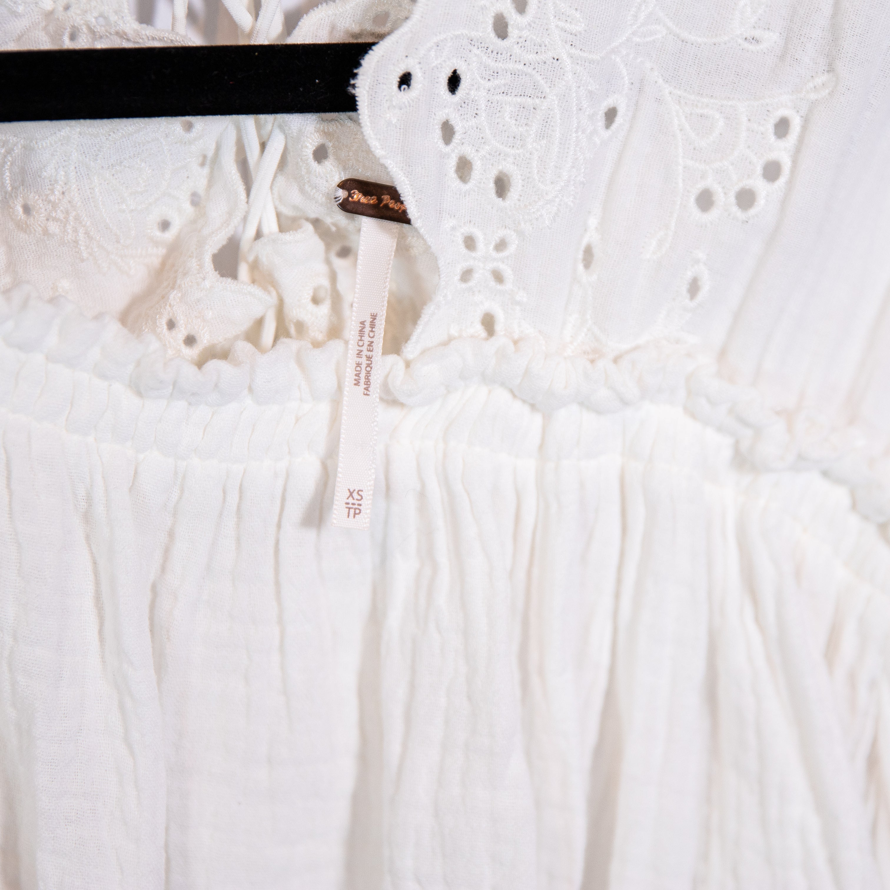 Free People Cotton Eyelet Lace Ruched Seams Lightweight Lace Up Blouse Shirt Top