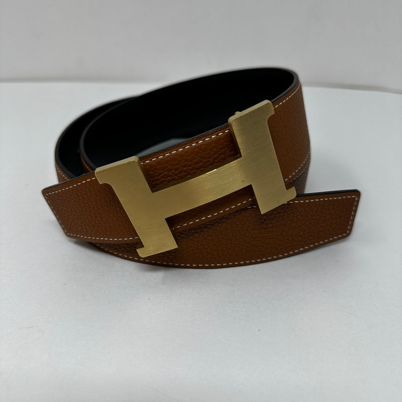 Hermes H Guillochee Gold Plated Belt Buckle Reversible Leather Strap Black Brown