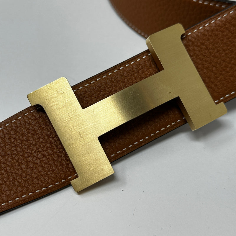 Hermes H Guillochee Gold Plated Belt Buckle Reversible Leather Strap Black Brown