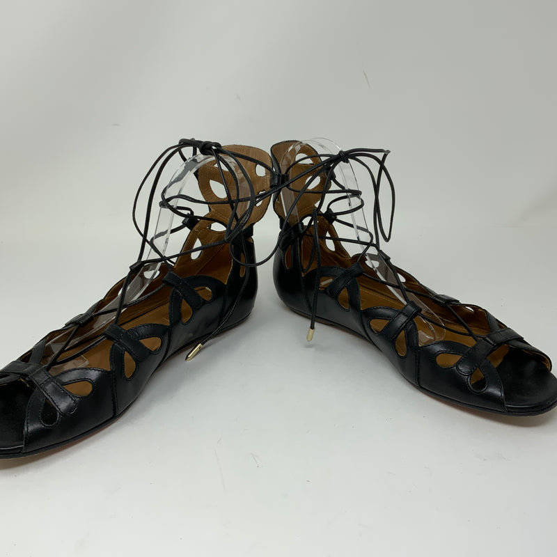 Aquazzura Jadore Genuine Leather Open Toe Lace Up Ballet Flats Shoes Black 8