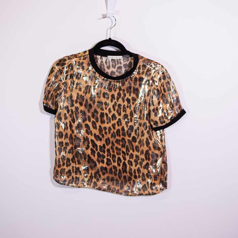 Alice And Olivia Piera Animal Print Silk Blend Tee In Spotted Leopard Dark Tan