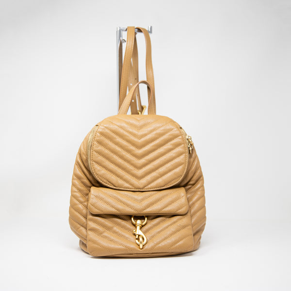 Rebecca Minkoff Edie Chevron Quilted Leather Pocket Backpack Purse Bag Cool Tan