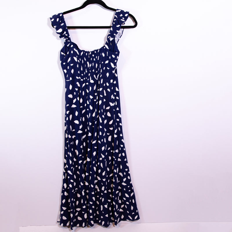 O.P.T Crepe Smocked Bodice High Slit Blue White Brushstroke Print Midi Dress 6