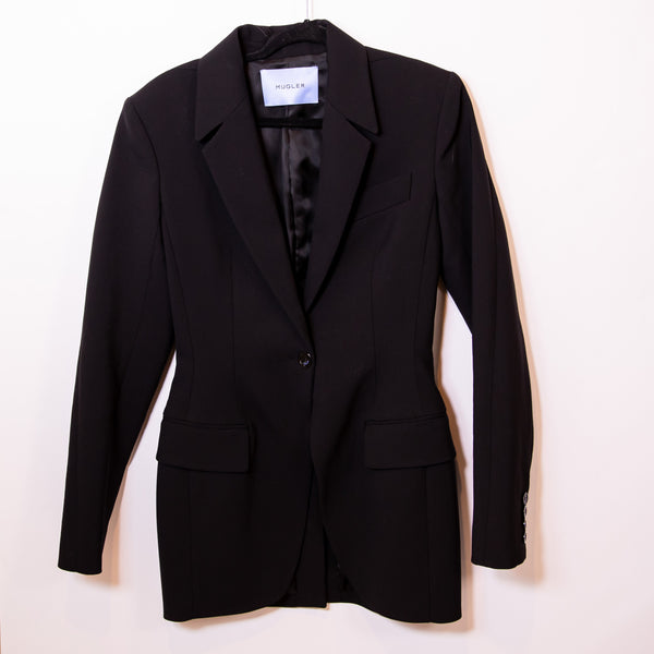 Thierry Mugler Wool Stretch One Button Structured Darted Blazer Jacket Black 38