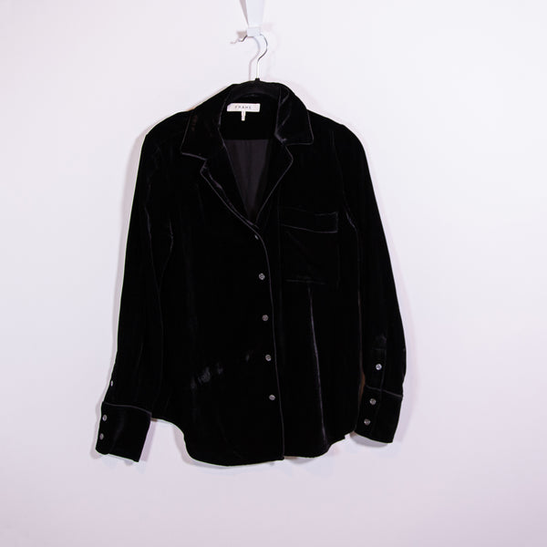 Frame Women's Silk Blend Velvet Velour Collared Button Down Long Sleeve Blouse