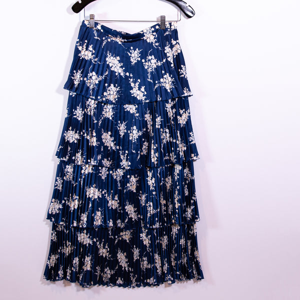 Abercrombie &amp; Fitch Blue Ivory Floral Print Satin Pleated Tiered Maxi Skirt S