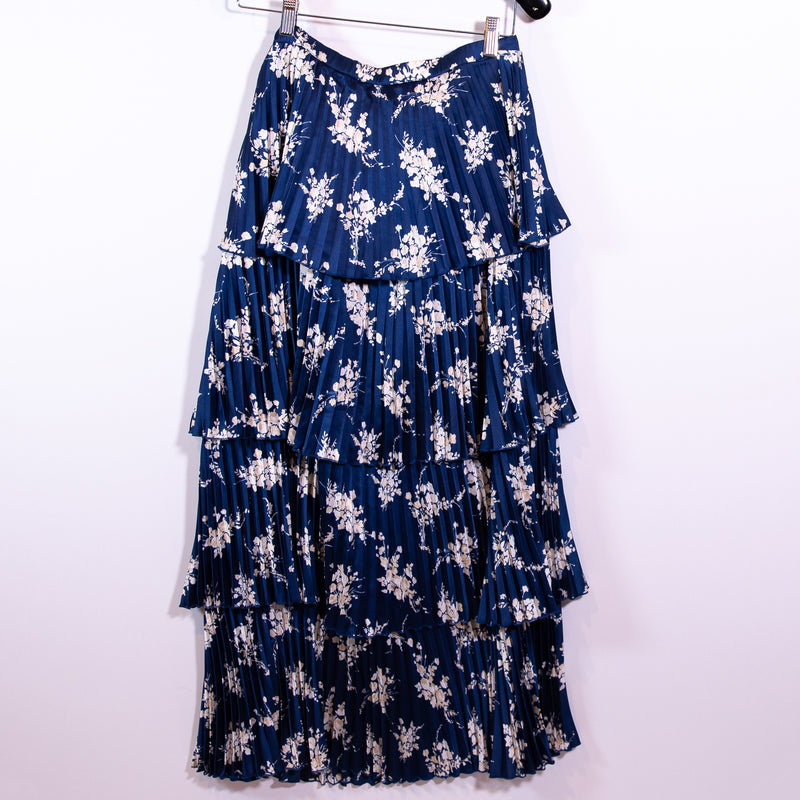 Abercrombie &amp; Fitch Blue Ivory Floral Print Satin Pleated Tiered Maxi Skirt S