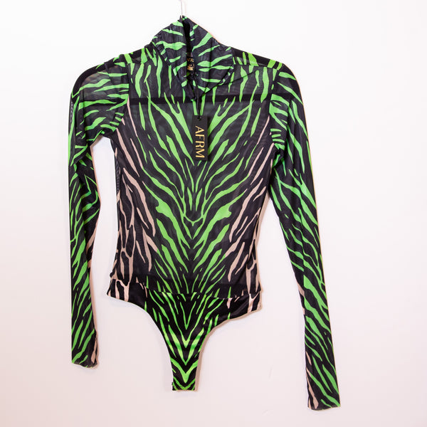 NEW AFRM Ines Mesh Mock Neck Long Sleeve Green Zebra Animal Print Bodysuit Small