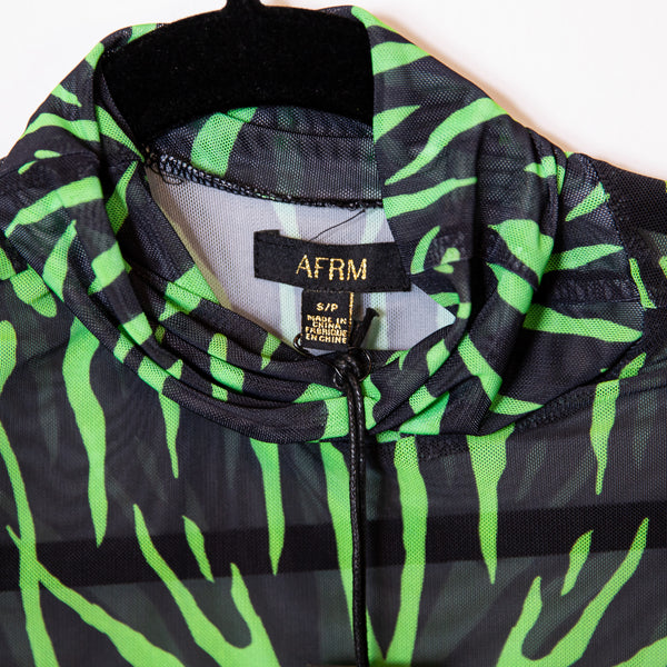 NEW AFRM Ines Mesh Mock Neck Long Sleeve Green Zebra Animal Print Bodysuit Small