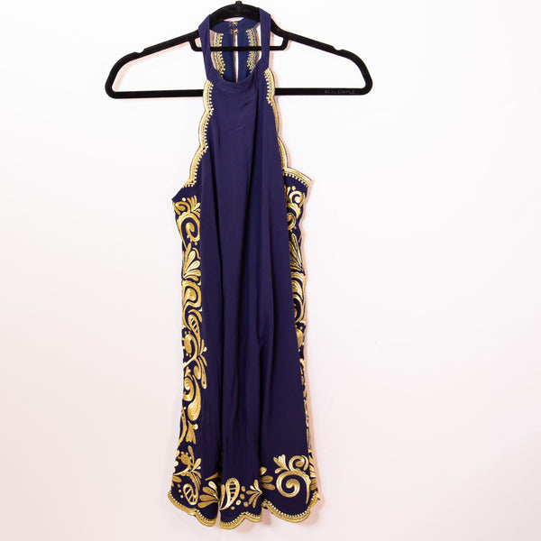 Lilly Pulitzer Quinn True Navy Blue Gypset Swirl Gold Embroidered Trapeze Dress