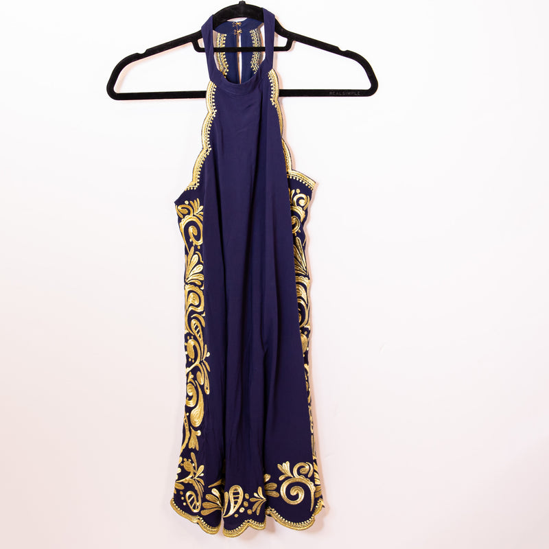 Lilly Pulitzer Quinn True Navy Blue Gypset Swirl Gold Embroidered Trapeze Dress