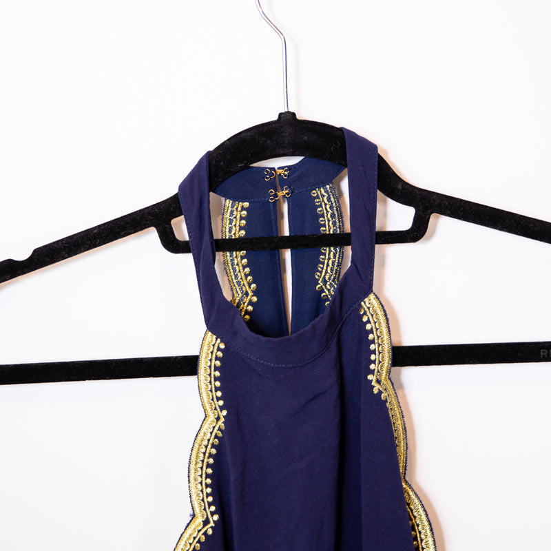 Lilly Pulitzer Quinn True Navy Blue Gypset Swirl Gold Embroidered Trapeze Dress