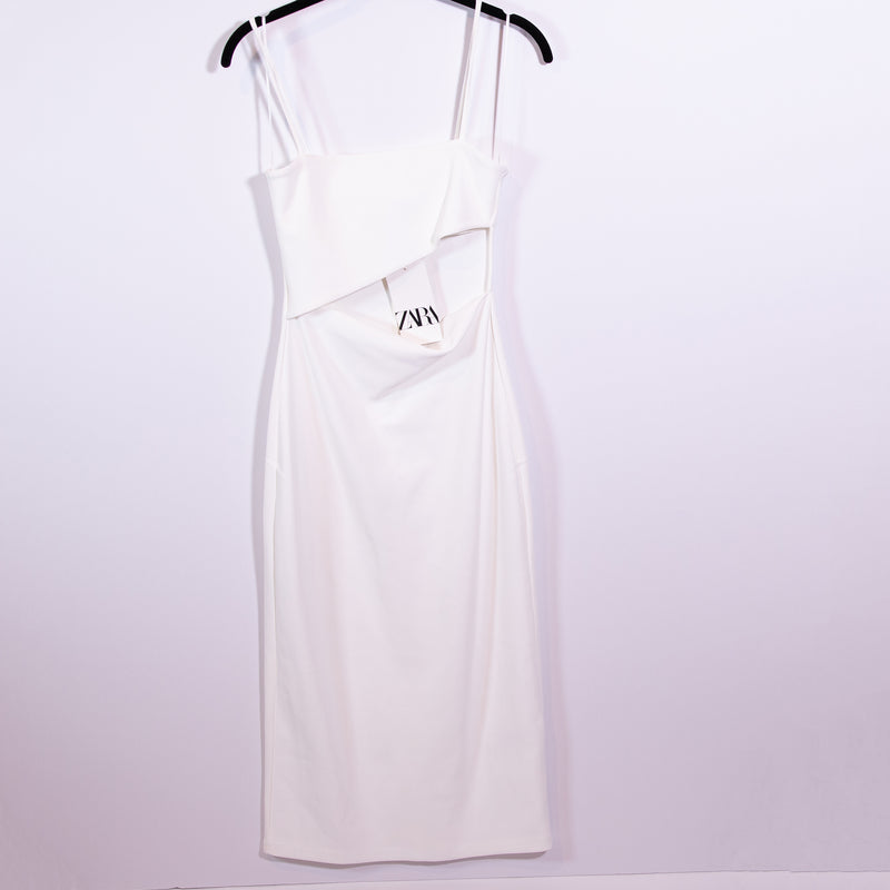 NEW Zara Crepe Cut Out Tank Strap Bodycon Midi Cocktail Dress White Small