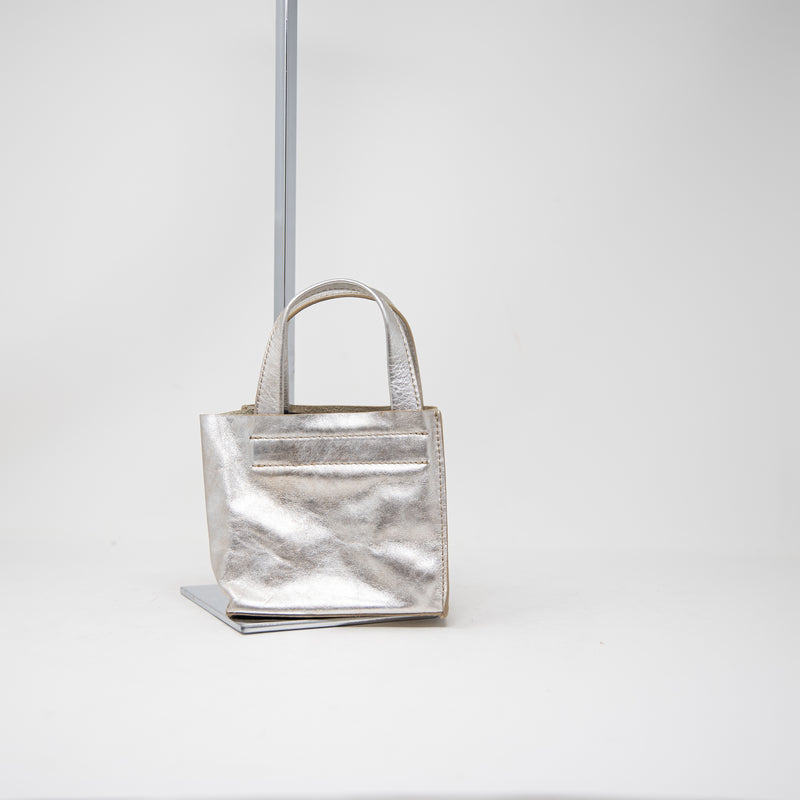 Furla Genuine Leather Silver Metallic Top Handle Mini Micro Purse Bag Tote