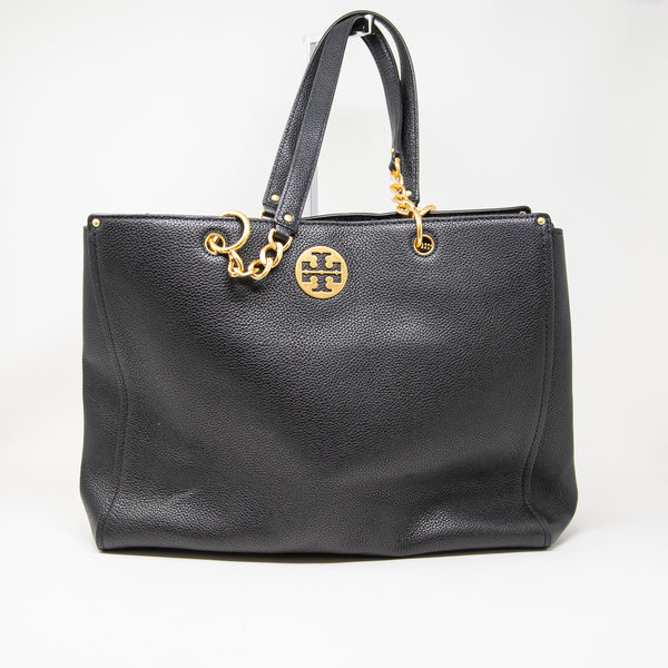 Tory Burch Everly Leather Black Gold Hardware Chain Shoulder Strap Tote Purse