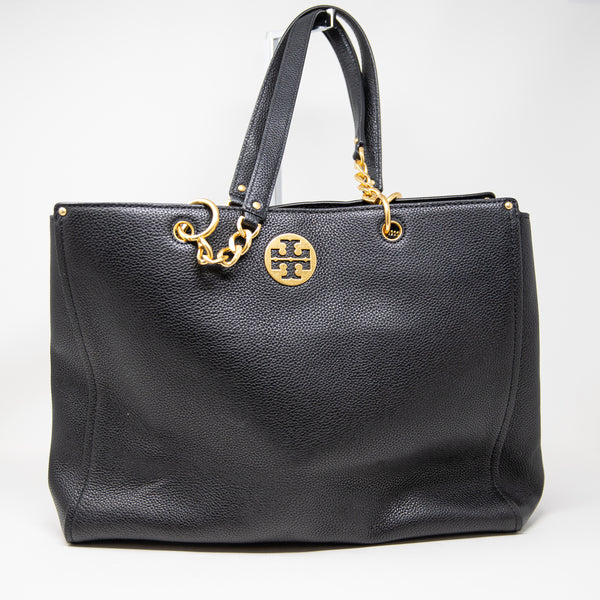 Tory Burch Everly Leather Black Gold Hardware Chain Shoulder Strap Tote Purse