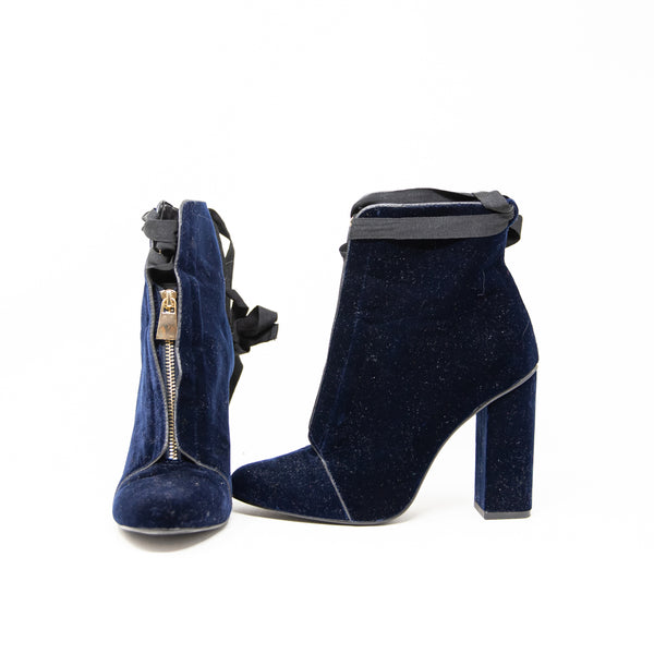 Zara Trafaluc Velvet Velour Zip Up Ankle Tie High Heel Booties Shoes Navy Blue 8