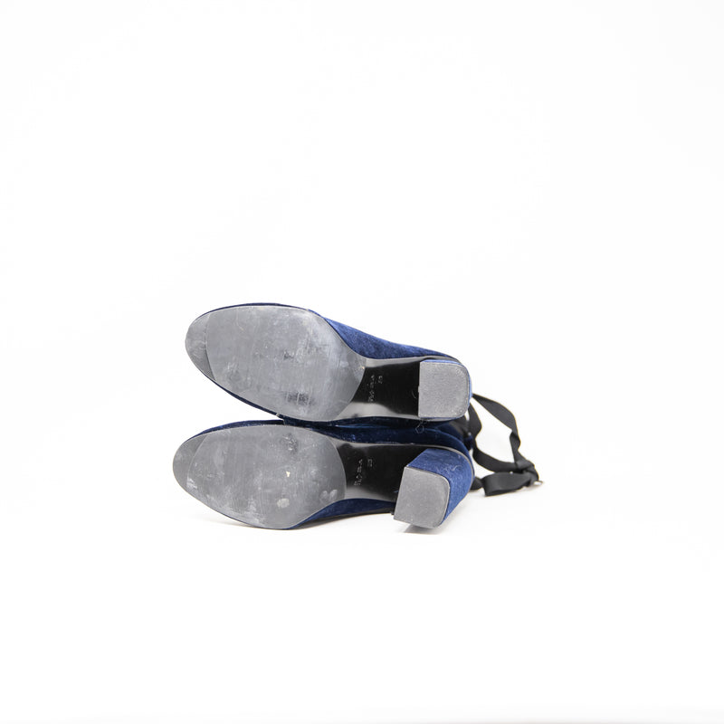 Zara Trafaluc Velvet Velour Zip Up Ankle Tie High Heel Booties Shoes Navy Blue 8