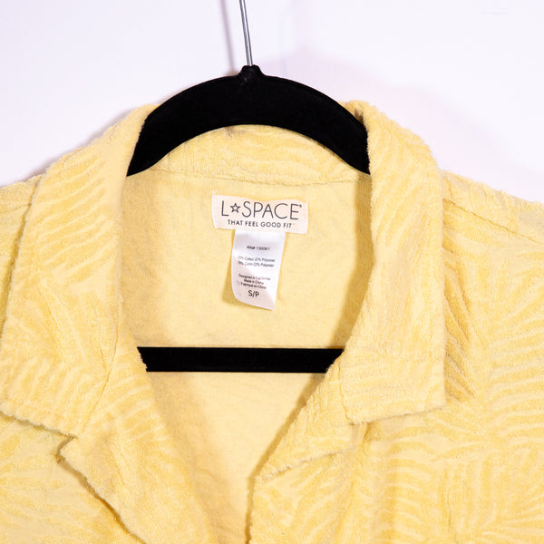 L*Space Fronds Forever Cotton Blend Terrycloth Button Down Shirt Yellow Small