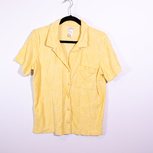 L*Space Fronds Forever Cotton Blend Terrycloth Button Down Shirt Yellow Small