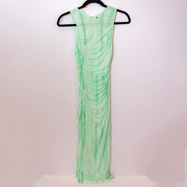 NEW Zara Tulle Mesh Green White Ombre Tie Dye Ruched Bodycon Midi Dress Small