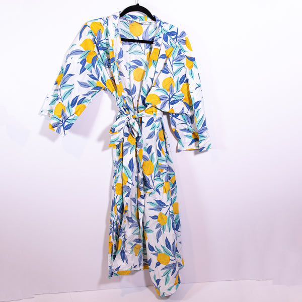 Printfresh Cotton Lemon Zest Fruit Print Pattern Sleep Loungewear Robe Wrap S/M