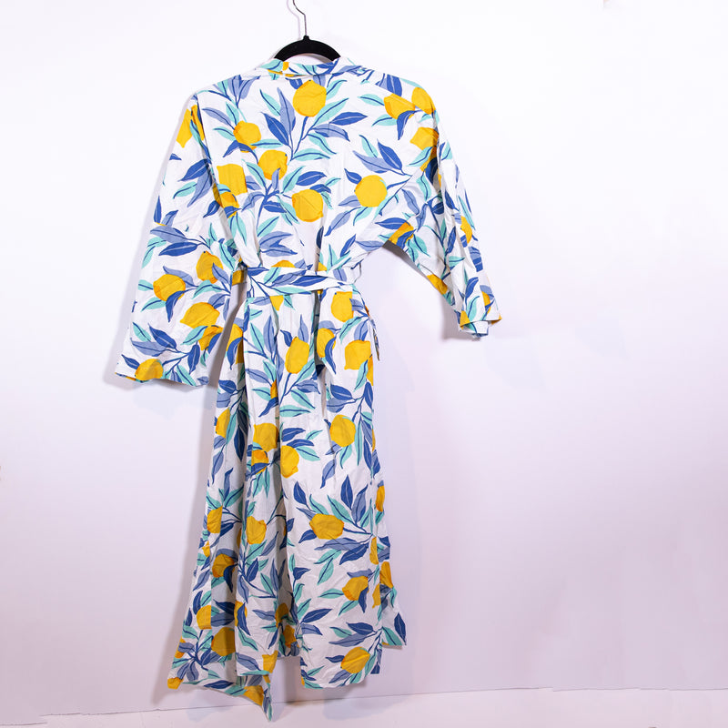 Printfresh Cotton Lemon Zest Fruit Print Pattern Sleep Loungewear Robe Wrap S/M