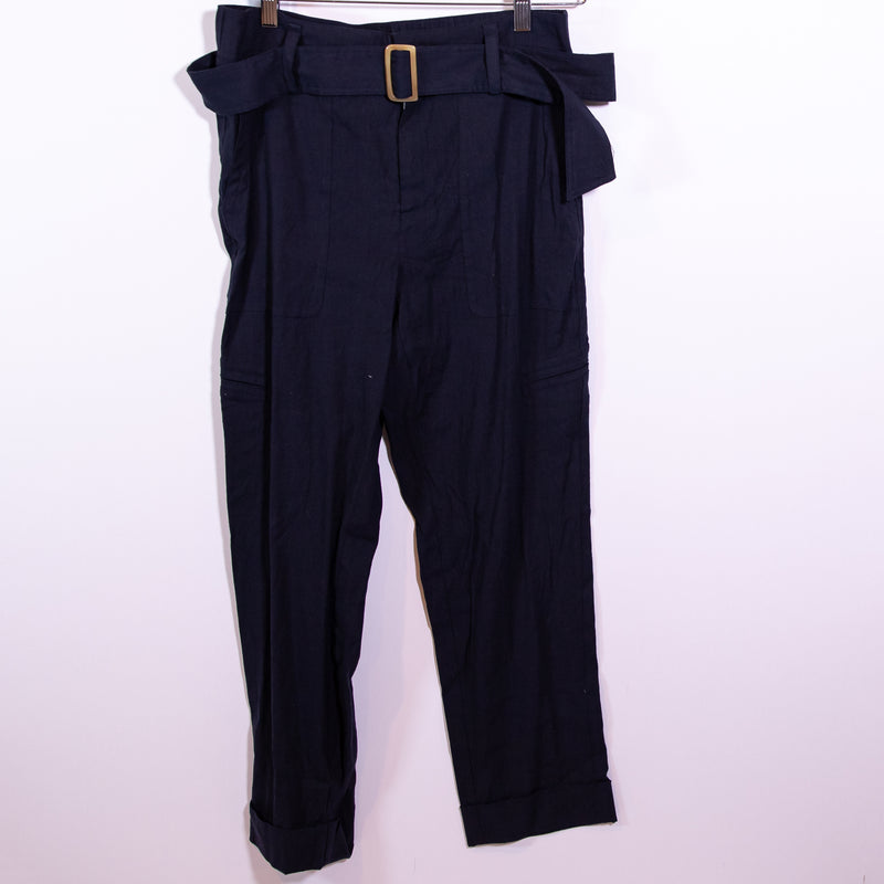 NEW Vince Women's Linen Blend Mid Rise Straight Leg Ankle Crop Pants Navy Blue M