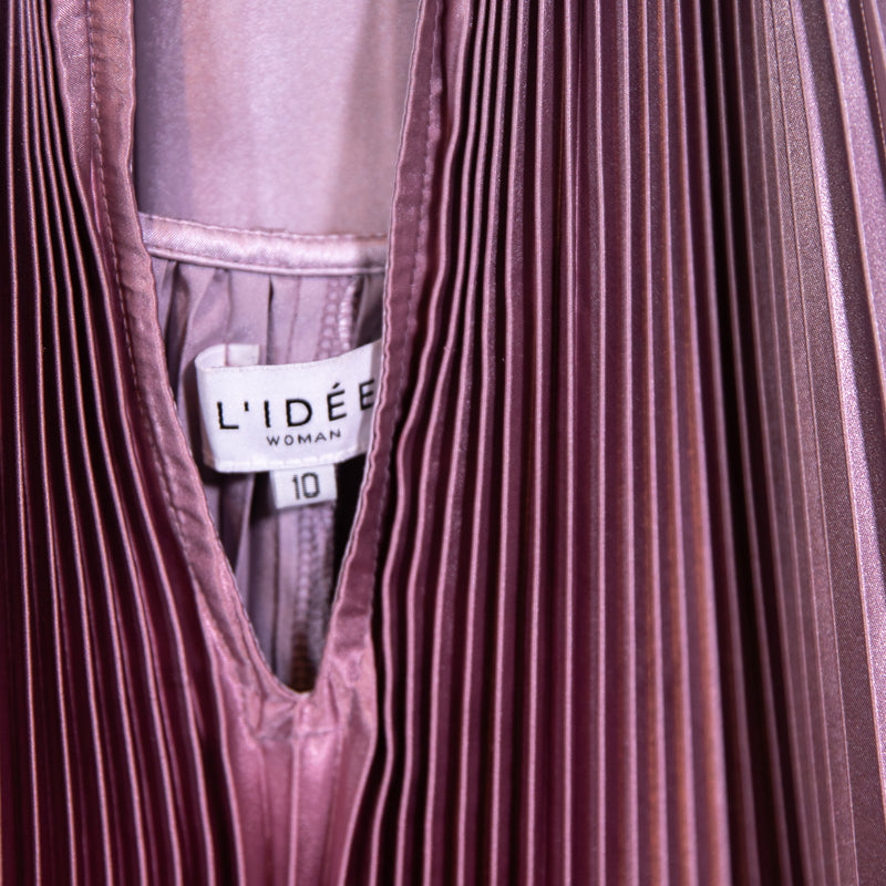 L'idee Woman Opera Satin Accordion Pleated Sleeveless High Neck Maxi Dress Mauve