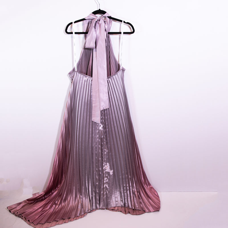 L'idee Woman Opera Satin Accordion Pleated Sleeveless High Neck Maxi Dress Mauve