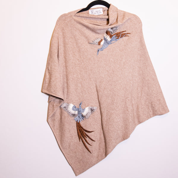 LA FIORENTINA Bird Crane Animal Embroidered Pullover Sweater Knit Poncho OS