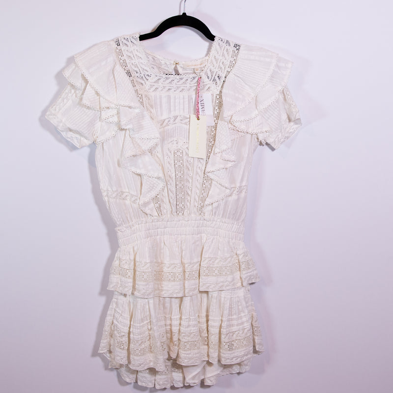 NEW LoveShackFancy Stella Short Sleeve Cotton Eyelet Ruffle Lace Mini Dress XS