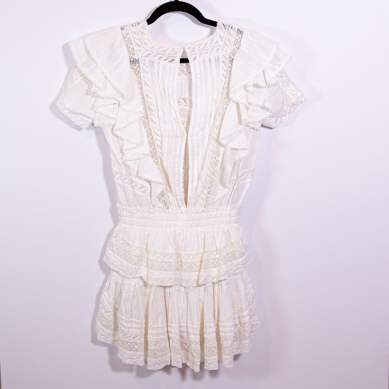 NEW LoveShackFancy Stella Short Sleeve Cotton Eyelet Ruffle Lace Mini Dress XS