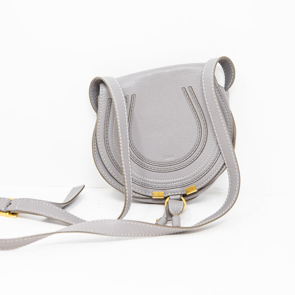 Chloe Small Marcie Saddle Crossbody Shoulder Genuine Leather Bag Purse Gray Gold