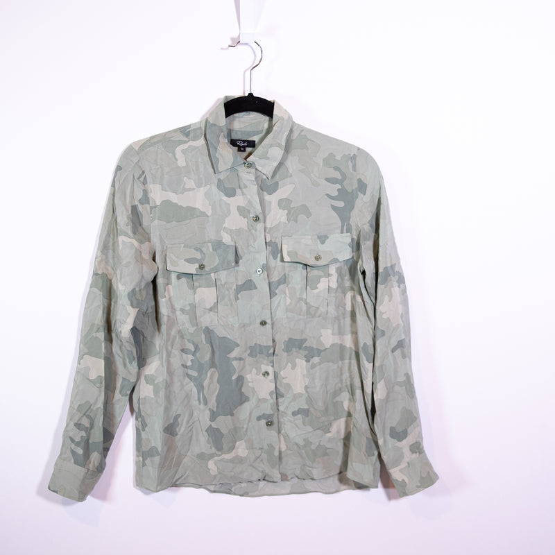 Rails Rhett Silk Chiffon Collared Long Sleeve Button Down Shirt Sage Green Camo