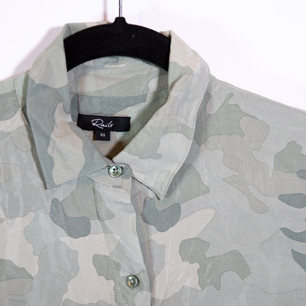 Rails Rhett Silk Chiffon Collared Long Sleeve Button Down Shirt Sage Green Camo