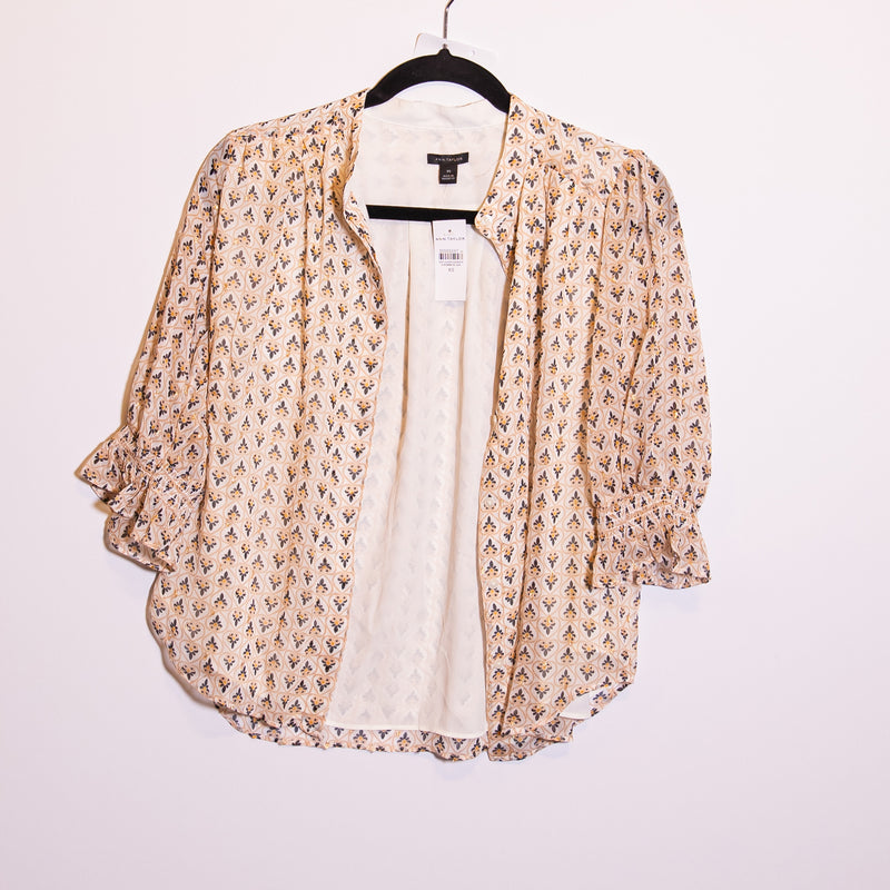 NEW Ann Taylor Metallic Clip Shirred Yoke Puff Sleeve Button Down Blouse Top XS