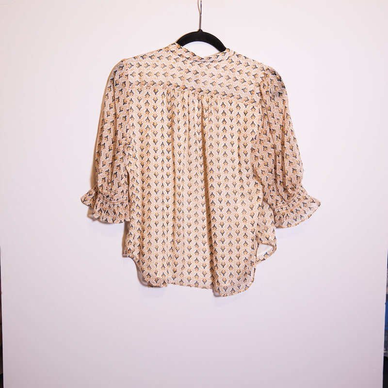 NEW Ann Taylor Metallic Clip Shirred Yoke Puff Sleeve Button Down Blouse Top XS