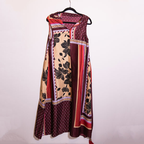 NEW Ann Taylor Mixed Print Mock Neck Sleeveless Satin Belted Flare Midi Dress XS