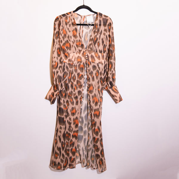 C/Meo Collective Cheetah Leopard Animal Print Pattern Long Sleeve Chiffon Dress