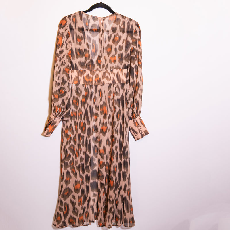 C/Meo Collective Cheetah Leopard Animal Print Pattern Long Sleeve Chiffon Dress