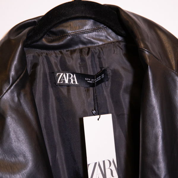 NEW Zara Faux Vegan Leather Double Breasted Sleeveless Belted Collared Jacket S