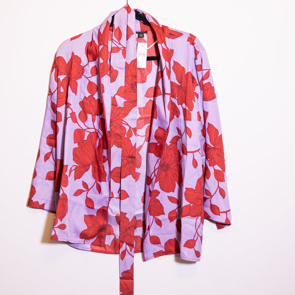 NEW Ann Taylor Red Purple Floral Flower Print Pattern Satin Belted Kimono XS/S