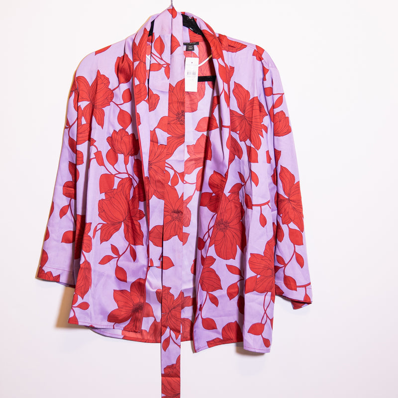 NEW Ann Taylor Red Purple Floral Flower Print Pattern Satin Belted Kimono XS/S