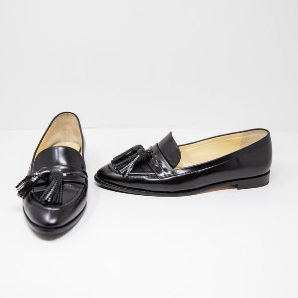 NEW Sarah Flint Janet Genuine Leather Slip On Tassel Loafer Shoes Black 9.5