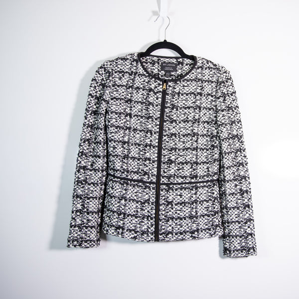 St. John Cotton Blend Woven Textured Knit Full Zip Jacket Blazer Black White 2